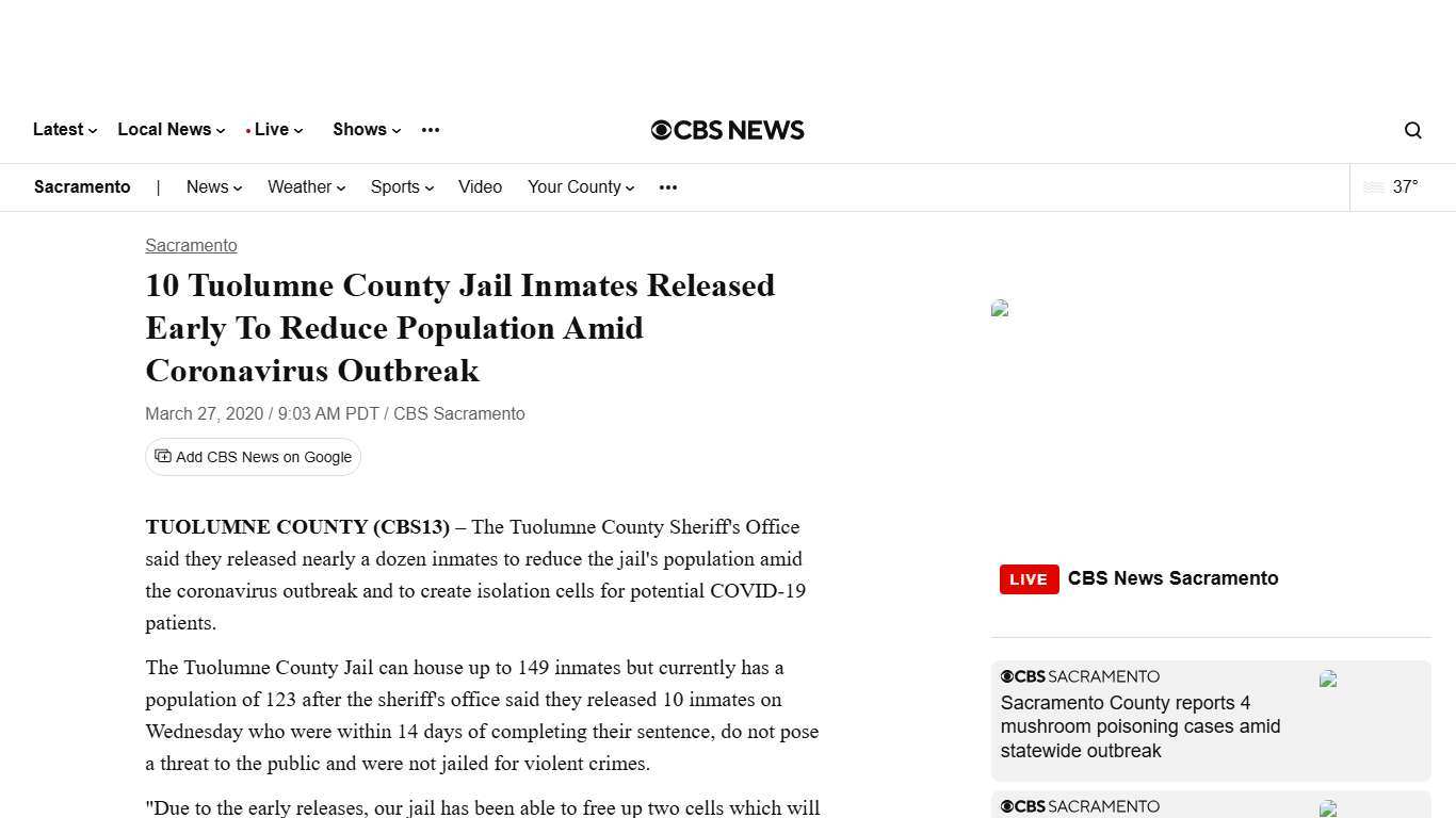 10 Tuolumne County Jail Inmates Released Early To Reduce Population Amid Coronavirus Outbreak - CBS Sacramento