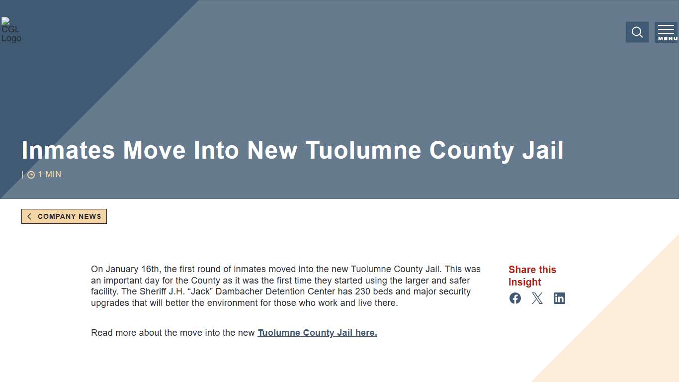 Inmates Move Into New Tuolumne County Jail - CGL Companies