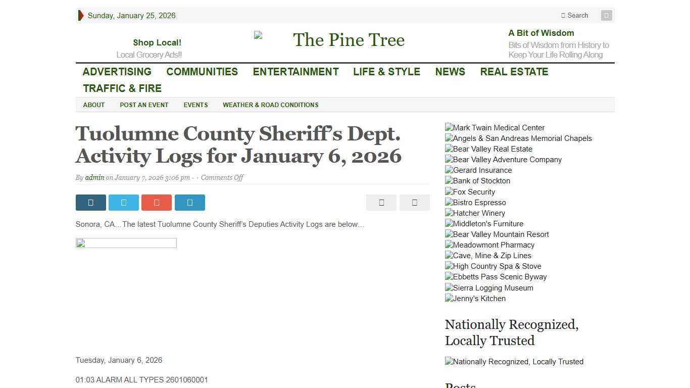 Tuolumne County Sheriff’s Dept. Activity Logs for January 6, 2026 – The Pine Tree