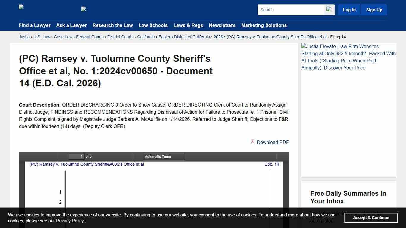 (PC) Ramsey v. Tuolumne County Sheriff's Office et al, No. 1:2024cv00650 - Document 14 (E.D. Cal. 2026) :: Justia